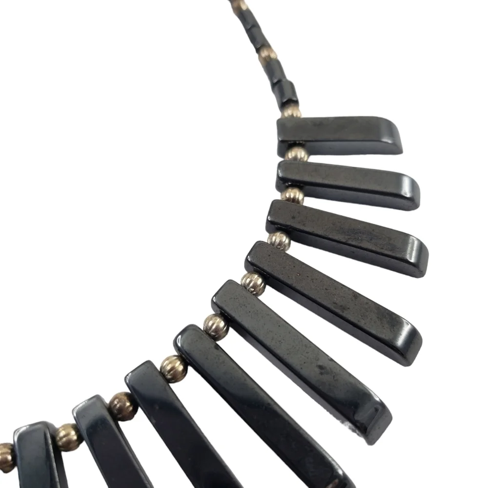 Vintage hematite statement necklace antique silver tone